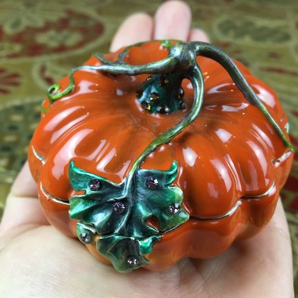 Vintage RUCINNI Pumpkin Vine Svarovski Crystal Enamel Jeweled Trinket Box - Picture 1 of 14
